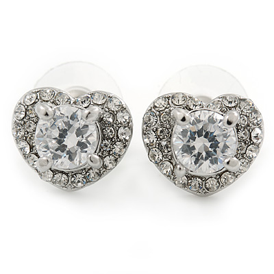 Clear CZ Crystal Heart Stud Earrings In Rhodium Plating - 15mm W