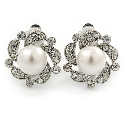 Classic Diamante Simulated Pearl Clip On Earrings In Silver Plating - 20mm Diameter