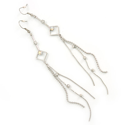 Long Crystal, Chain Dangle Earrings In Silver Tone - 13cm L