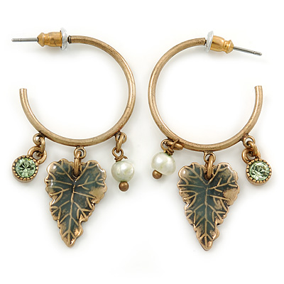 Antique Gold Tone Leaf Hoop Earrings - 40mm L