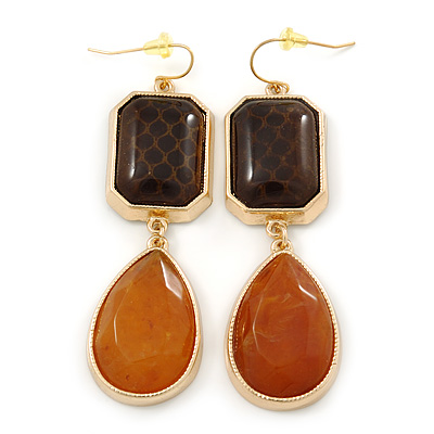 Large Animal Print Resin Bead Teardrop Earrings In Gold Tone - 85mm L