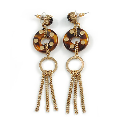 Long Studded Hoop, Chain Tassel Drop Earring In Gold Tone - 10cm L