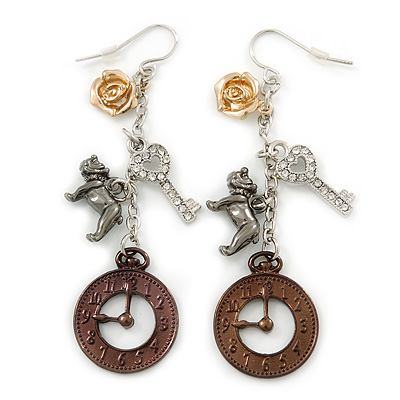 Clock, Key, Dog, Rose Charm Drop Earrings (Gold, Black, Bronze, Silver Tone) - 70mm L