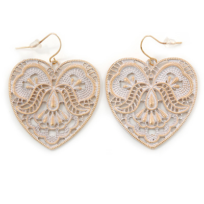 White Lacy Heart Drop Earrings In Gold Tone - 50mm L