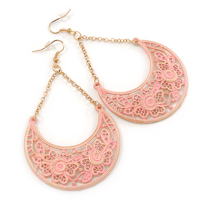 Pink Lacy Crescent Chandelier Earrings In Gold Tone - 85mm L