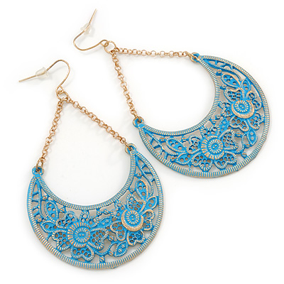Blue Lacy Crescent Chandelier Earrings In Gold Tone - 85mm L