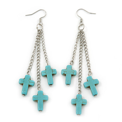 Turquoise Style Triple Cross Chain Dangle Earrings In Silver Tone - 90mm L