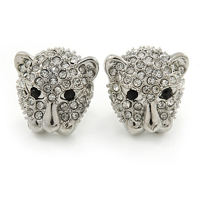 Clear Austrian Crystal Tiger Stud Earrings In Rhodium Plating - 17mm L