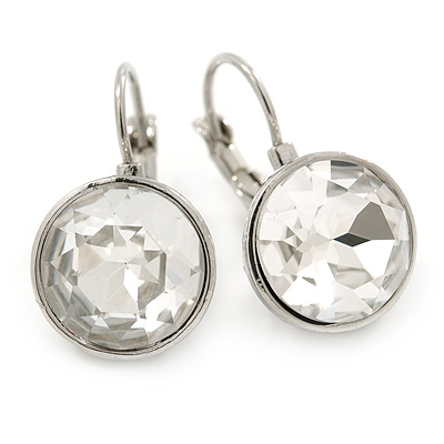 Clear Faceted, Glass Round Drop Earrings In Silver Tone With Leverback Closure - 25mm L