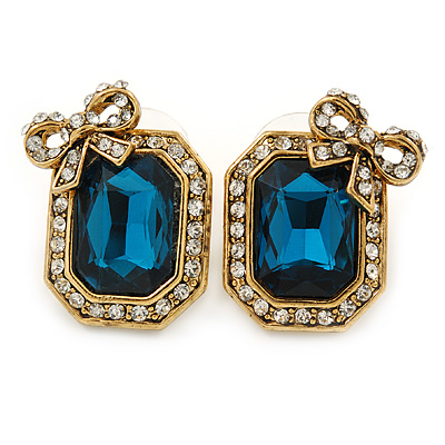 Vintage Inspired Square Shape with Bow Stud Earrings In Antique Gold Metal (Teal/ Clear) - 20mm L