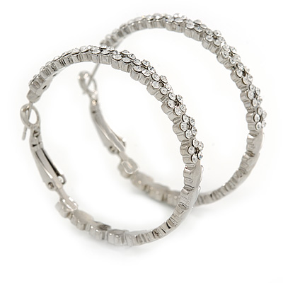 Rhodium Plated Clear Crystal Floral Hoop Earrings - 40mm