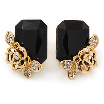 Black Square Glass with Rose Motif Stud Earrings In Gold Plating - 25mm L