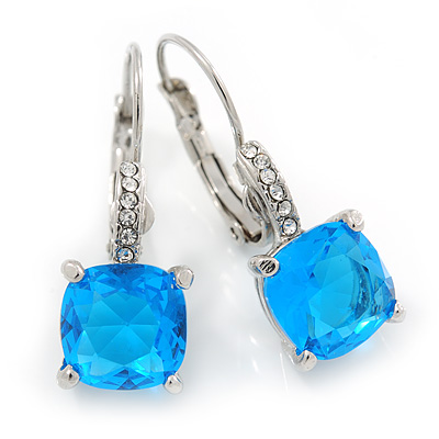Pear Cut Sky Blue CZ/ Clear Crystal Drop Earrings In Rhodium Plating With Leverback Closure - 25mm L