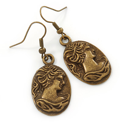 Bronze Tone Oval Cameo Drop Earrings - 45mm L
