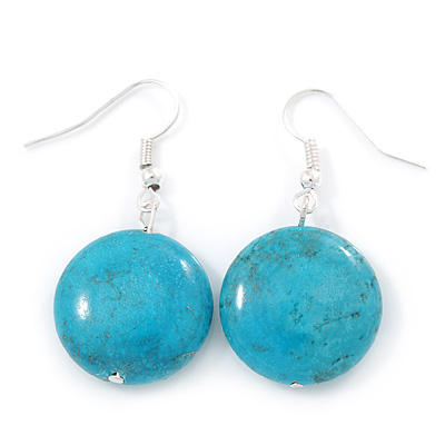 Coin Shape Turquoise Drop Earrings In Silver Tone - 40mm L
