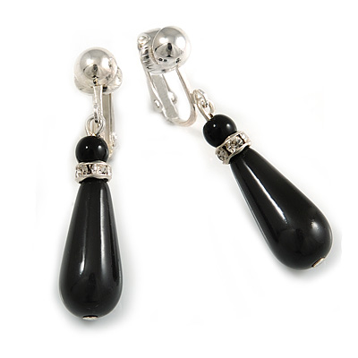 Striking Black Resin Teardrop Clip On with Crystal Ring In Silver Tone - 40mm Long