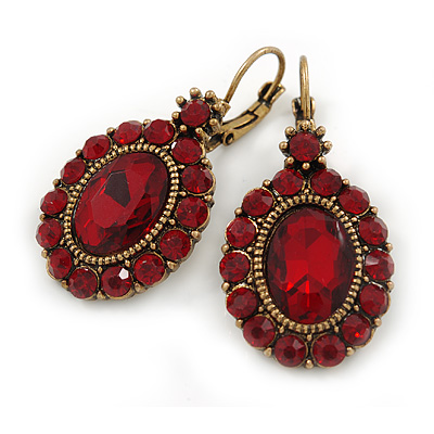 Vintage Inspired Oval Red Crystal Drop Earrings with Leverback Closure In Antique Gold Tone - 40mm L