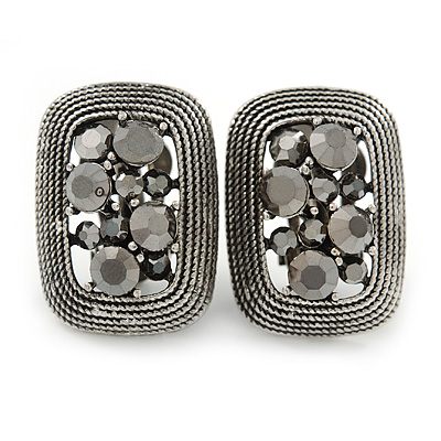 Vintage Inspired Hematite Crystal Rectangular Clip On Earrings In Antique Silver - 25mm L