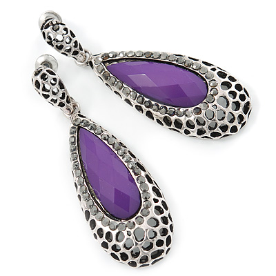 Antique Silver, Hematite Crystal, Purple Acrylic Stone Teardrop Earrings - 50mm L