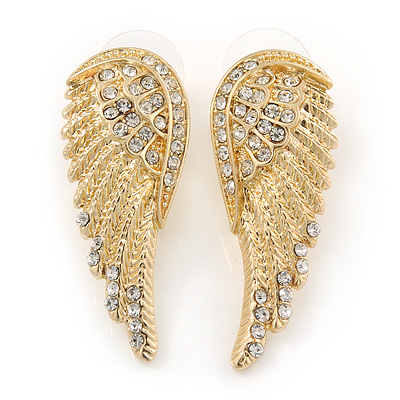 Gold Plated Clear Crystal Wing Earrings - 40mm L