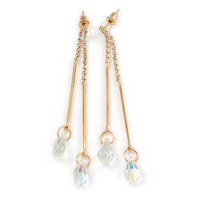 Long Gold Tone AB Crystal Bar Drop Earrings - 75mm L