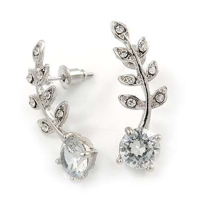 Clear Crystal Leaf Stud Earrings In Silver Plating - 30mm L