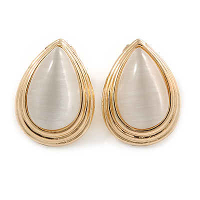 Gold Plated Cat Eye Stone Teardrop Clip On Earring - 22mm