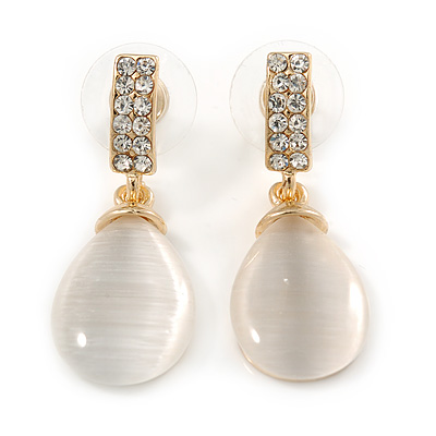 Gold Tone Clear Crystal Nude Cat Eye Stone Teardrop Earrings - 35mm L