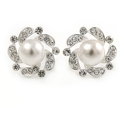 20mm Clear Crystal White Simulated Glass Pearl Flower Stud Earrings In Silver Tone Metal