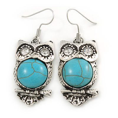Vintage Inspired Turquoise Style Stone Owl Drop Earrings In Silver Tone - 45mm L