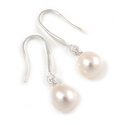 Delicate Teardrop Freshwater Pearl Earrings In Rhodium Plating - 30mm Long