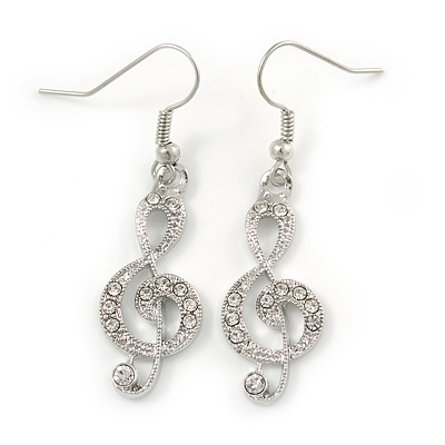 Clear Crystal Treble Clef Drop Earrings In Silver Tone Metal - 45mm L