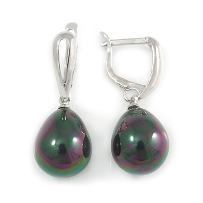 Peacock Polished Teardrop Shape Pearl Style Earrings In Rhodium Plated Alloy - 33mm L