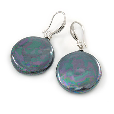 Dark Grey Coin Shape Shell Drop Earrings In Silver Tone - 35mm L