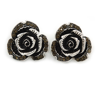 Vintage Inspired Grey Coloured Crystal Rose Stud Earrings In Silver Tone - 22mm Diameter