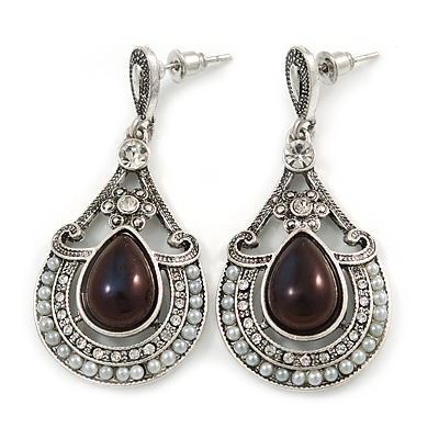 Vintage Inspired Teardrop Crystal, Faux Pearl Dangle Earrings In Aged Silver Tone - 50mm L
