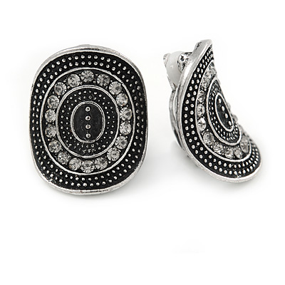 Vintage Inspired Oval Concave Crystal Stud Clip On Earrings In Aged Silver Tone - 25mm L
