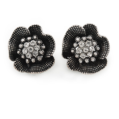 Vintage Inspired Clear Crystal Textured Flower Stud Clip On Earrings In Aged Silver Tone Metal - 22mm D