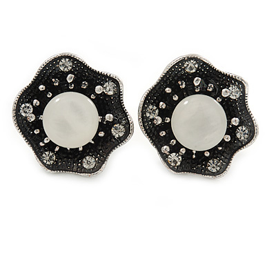 Vintage Inspired Crystal Floral Clip On Earrings In Aged Silver Tone - 20mm D