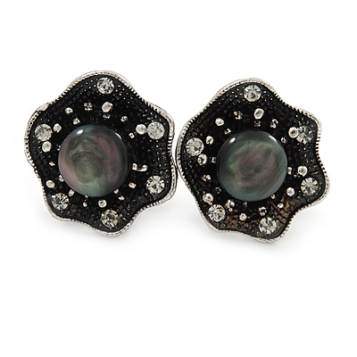 Vintage Inspired Crystal Floral Clip On Earrings In Aged Silver Tone - 20mm D