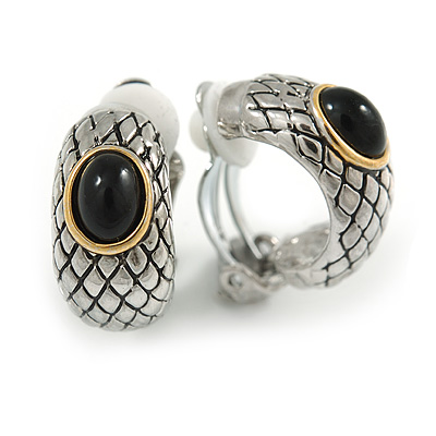 C Shape Two Tone Etched with Black Stone Clip On Earrings - 22cm L