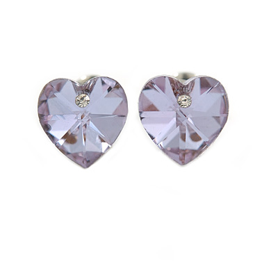 Small Lavender Glass Heart Stud Earrings In Silver Tone - 10mm Tall