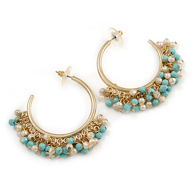 40mm Statement Open Hoop Earrings with White/ Blue Acrylic Bead Fringe In Matte Gold Tone