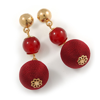Ox Blood/ Burgundy Double Ball Drop Earrings In Gold Tone - 55mm L