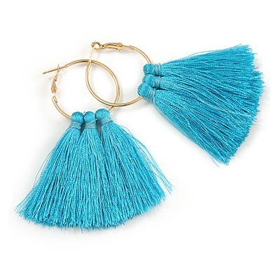Trendy Mint Cotton Tassel Gold Tone Hoop Earrings - 65mm Long