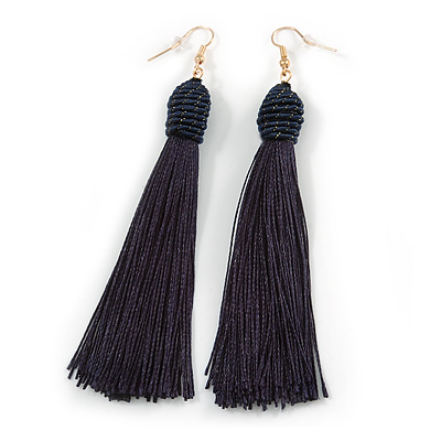 Long Dark Blue Cotton Tassel Drop Earrings with Gold Tone Hook - 11.5cm L