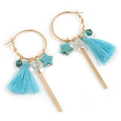Trendy Tassel, Charm Hoop Earrings In Gold Tone - 80mm Long