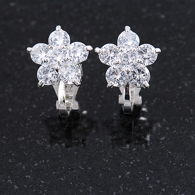 Small Clear Cz Flower Clip On Earrings in Silver Tone - 13mm Across