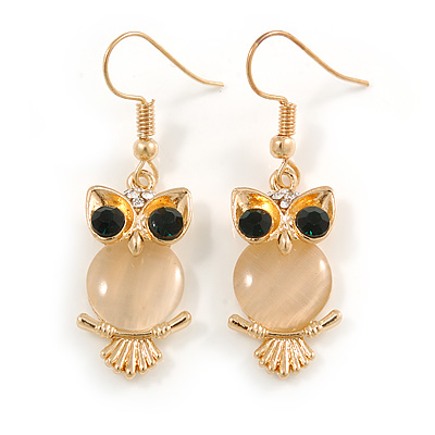 Stunning Crystal Owl Drop Earrings In Gold Tone - 45mm Long