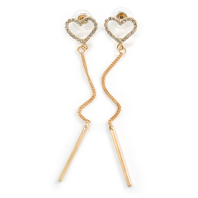 Romantic Clear Crystal Open Heart with Chain Drop Earrings In Gold Tone Metal - 90mm Long